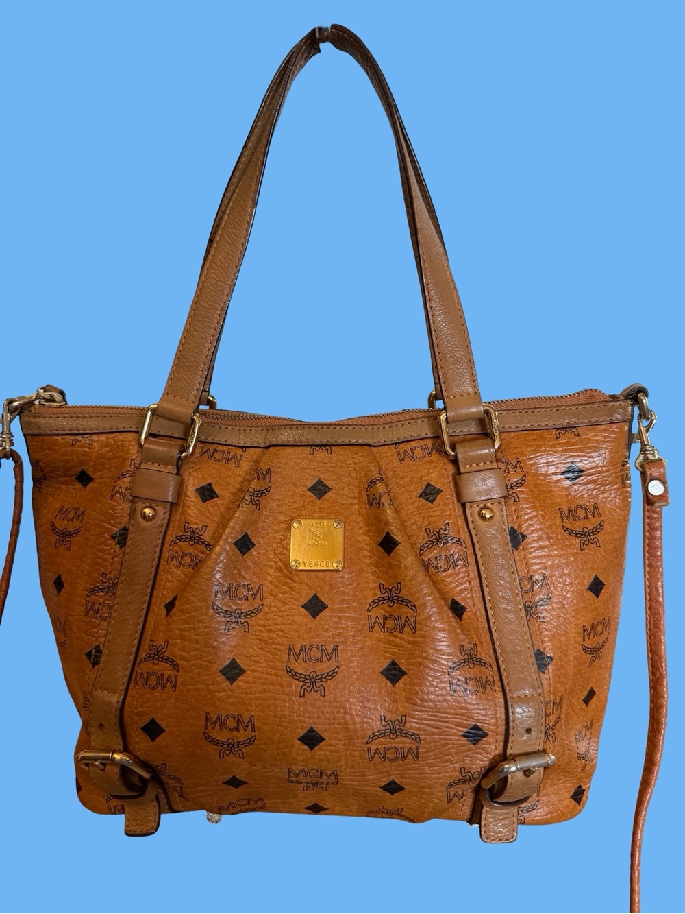 Authentic MCM Cognac Visetos Logo tote/sling bag